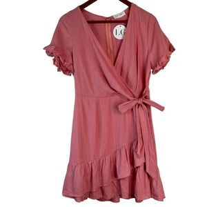 Luca + Grae by Hayden Pink Linen Blend Faux Wrap Mini Dress Ruffle Trim NWT